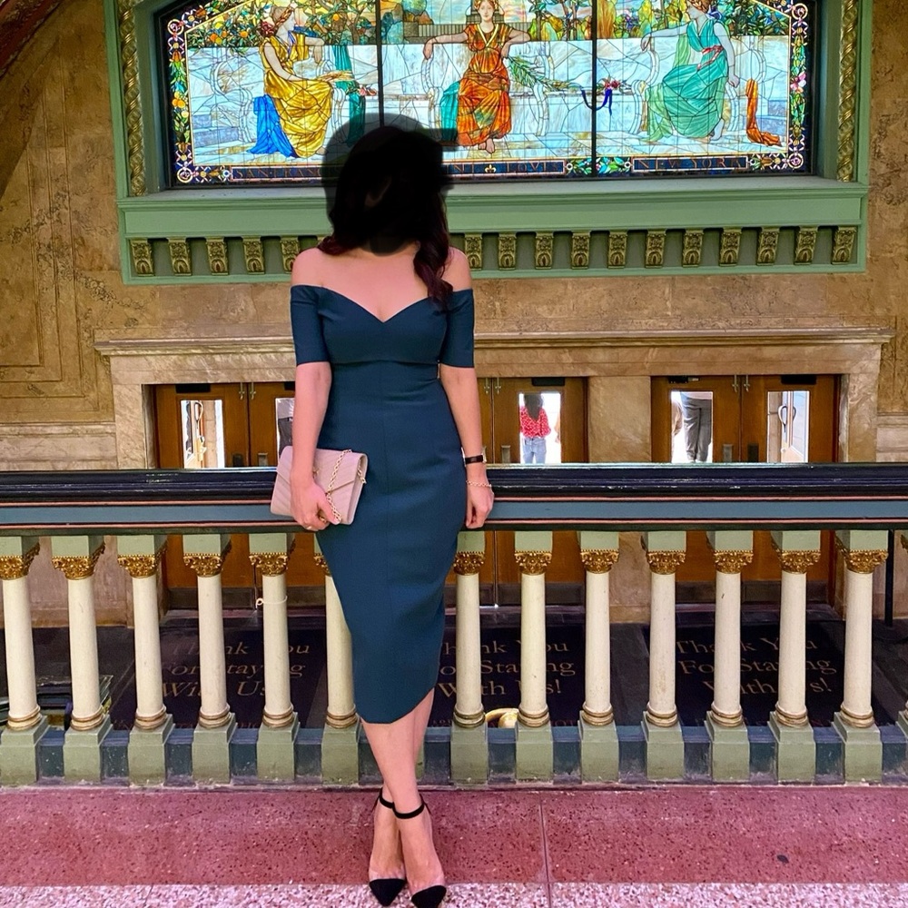 Cinq à Sept Birch Off-the-Shoulder Dress in Rainforest Green, Size 8